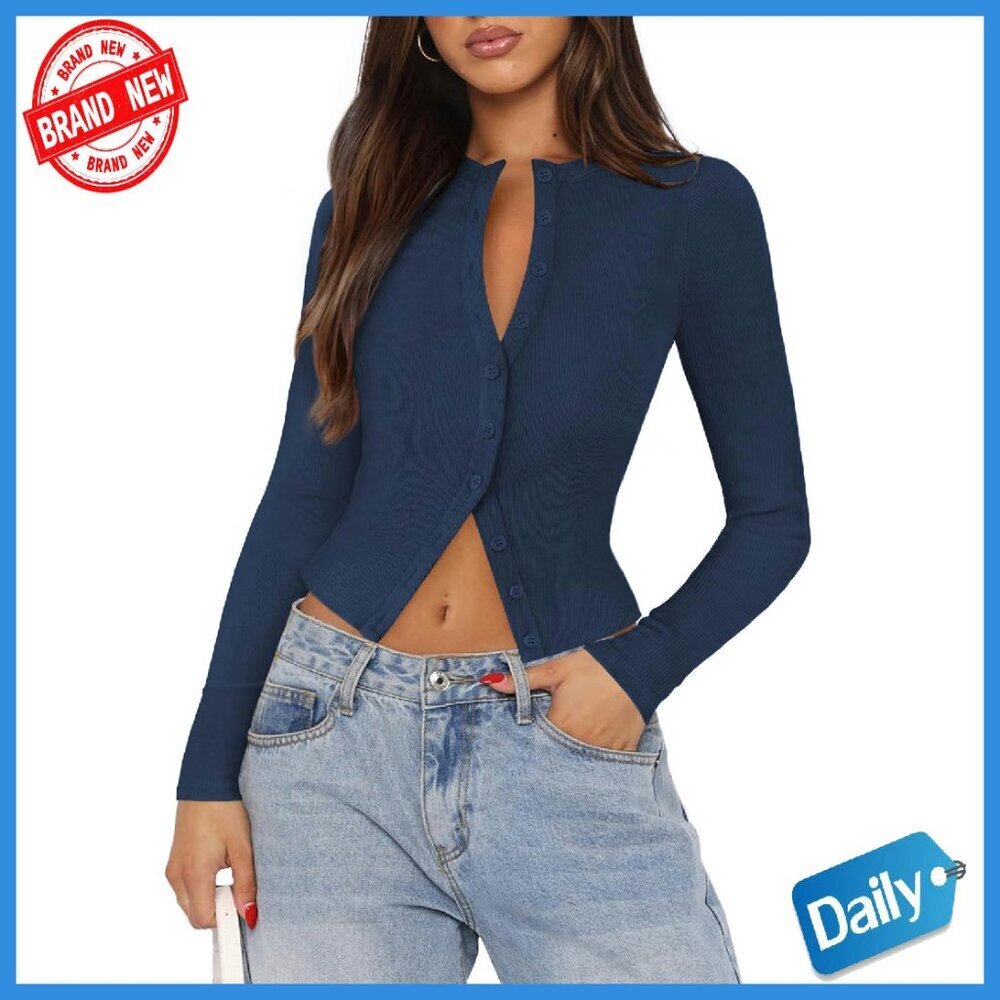 Ribbed Knit Button Down Long Sleeve Top Slim Fit Cropped